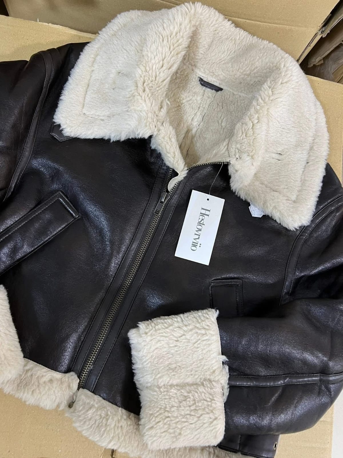 russian trend black jacket beige shearling